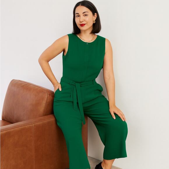 BANANA REPUBLIC Button Front Wide Leg Crop Crepe Jumpsuit Kelly Green Sz 14 {P3} - Picture 1 of 7